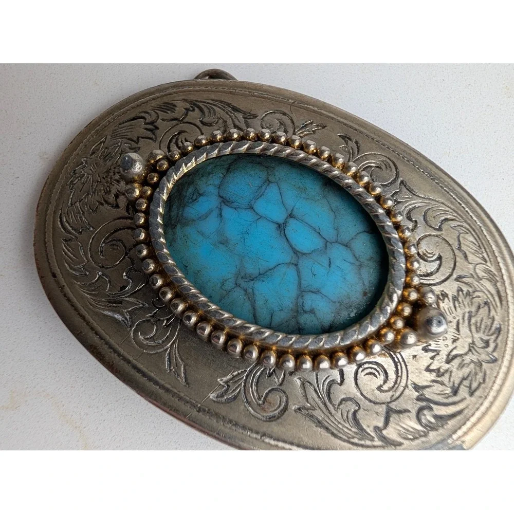 Vintage Western Belt Buckle Faux Turquoise Oval Floral Engraved Silver Tone